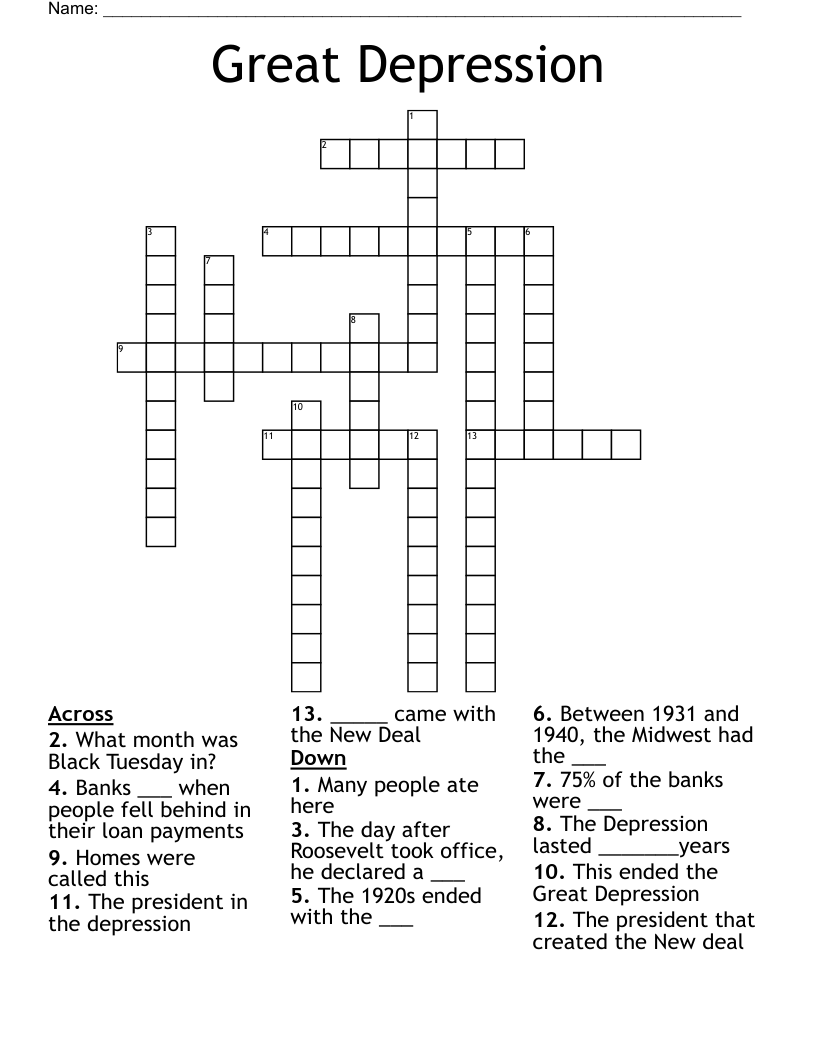 Great Depression Crossword