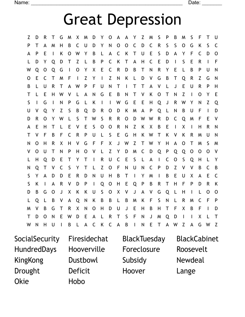 Great Depression Word Search