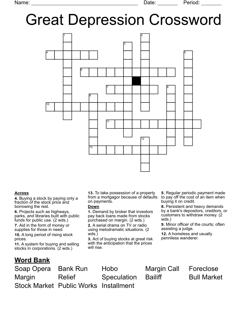 Great Depression Crossword