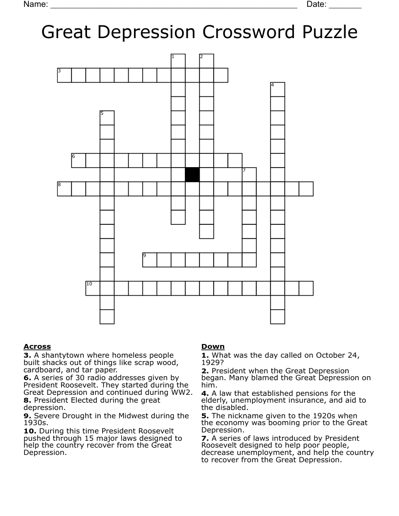 Great Depression Crossword Puzzle