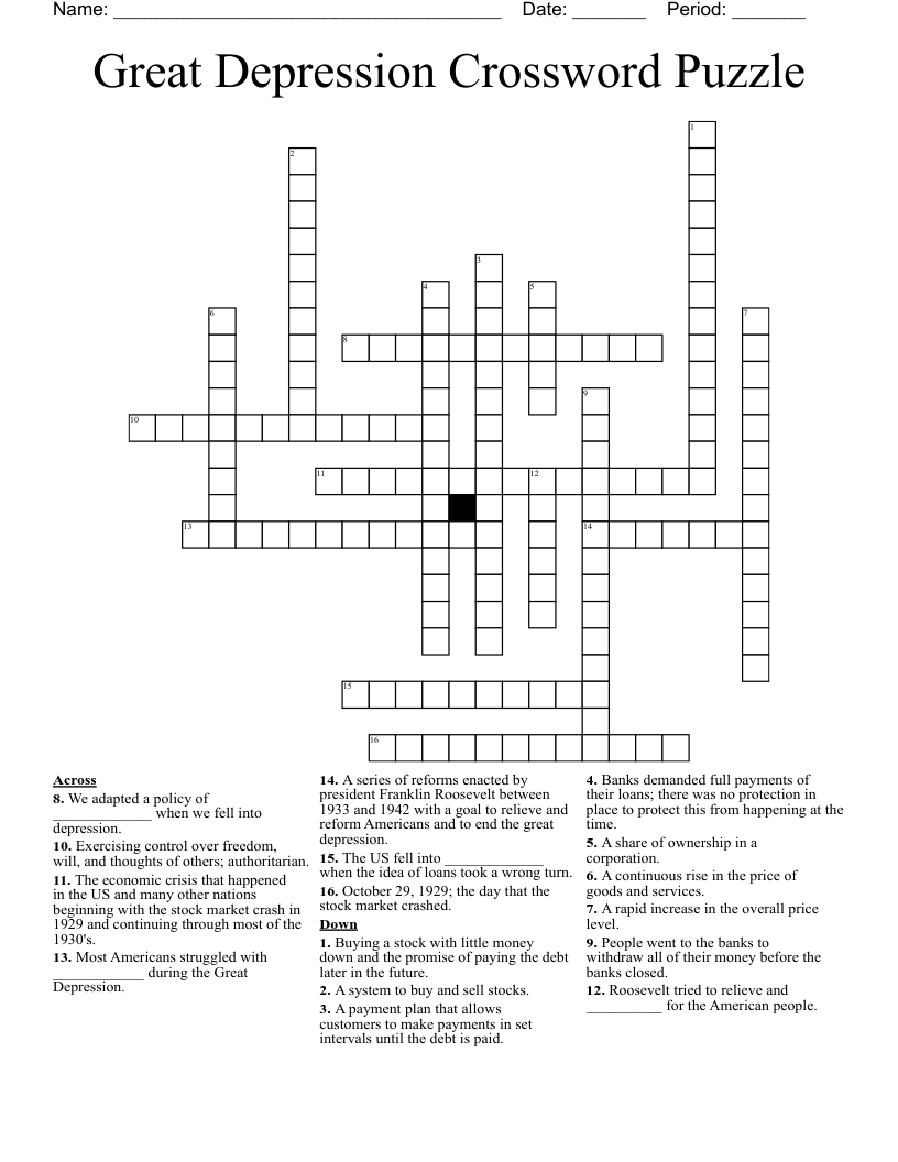 Great Depression Crossword Puzzle