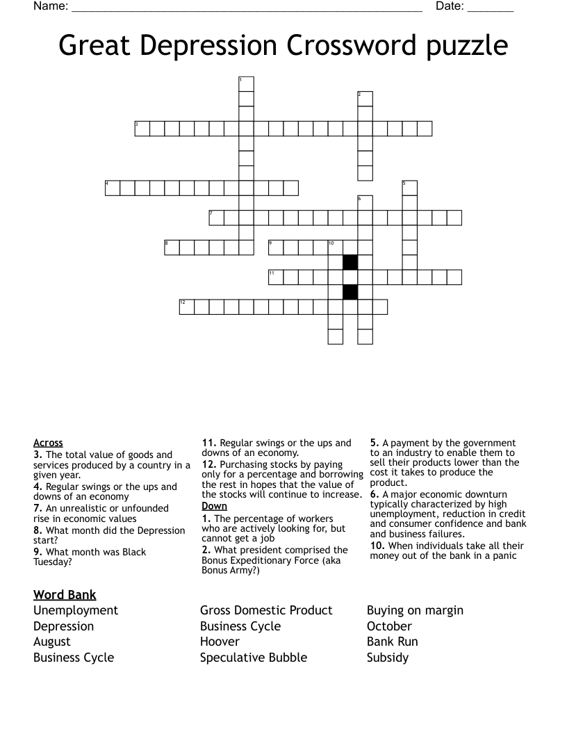Great Depression Crossword puzzle