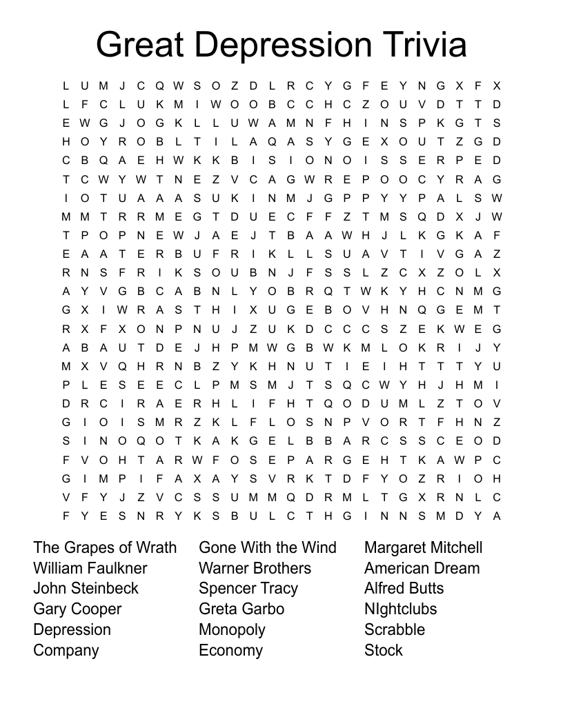 Great Depression Trivia Word Search