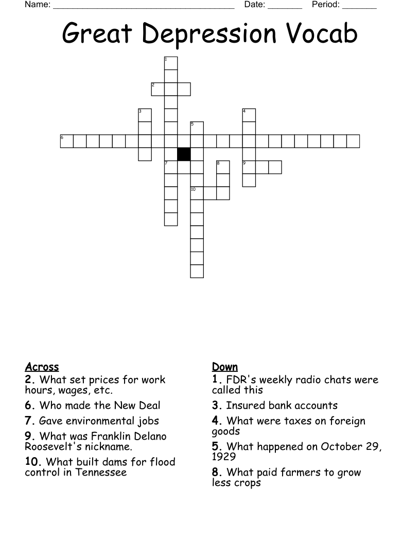 Great Depression Vocab Crossword