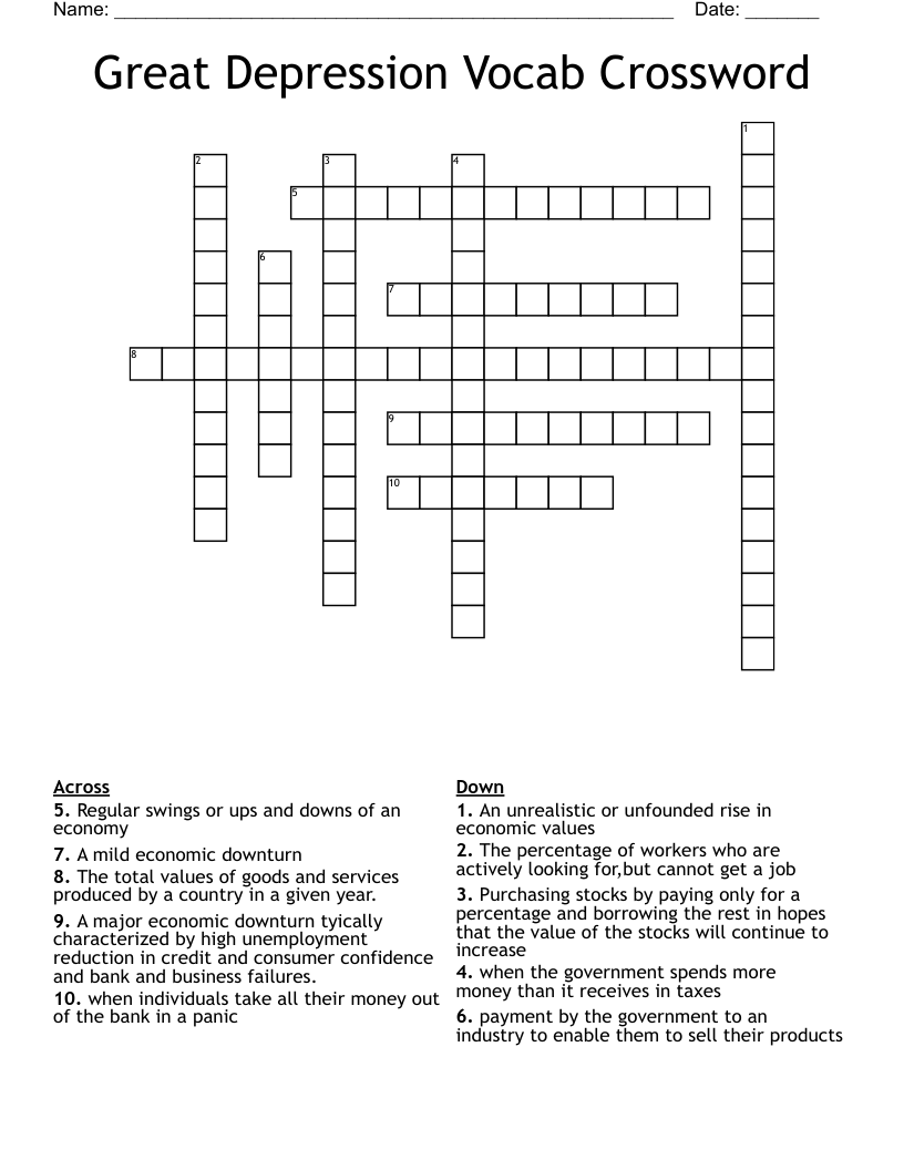 Great Depression Vocab Crossword