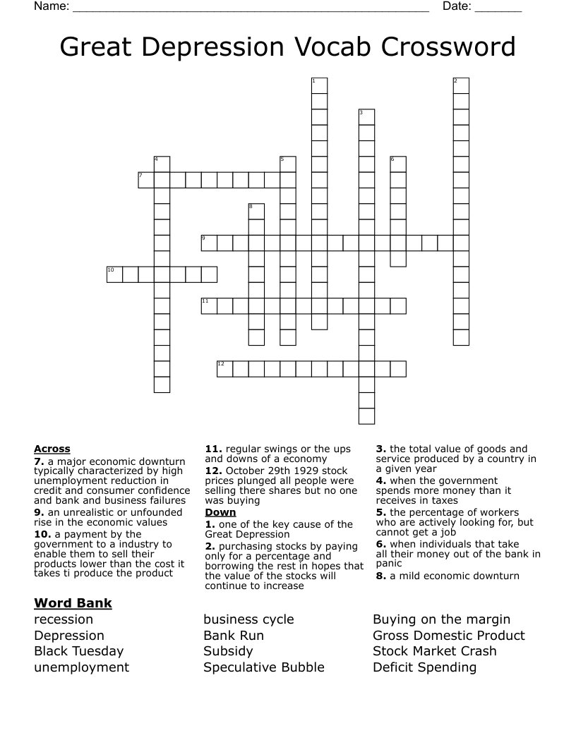 Great Depression Vocab Crossword