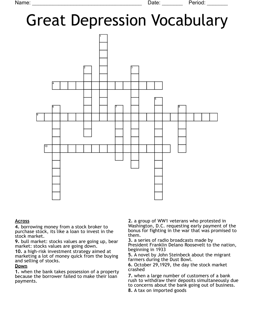 Great Depression Vocabulary Crossword