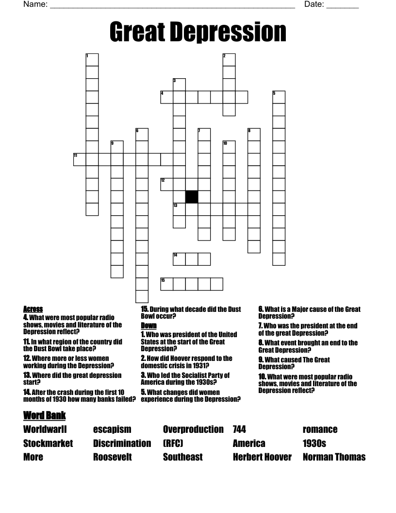 Great Depression  Crossword