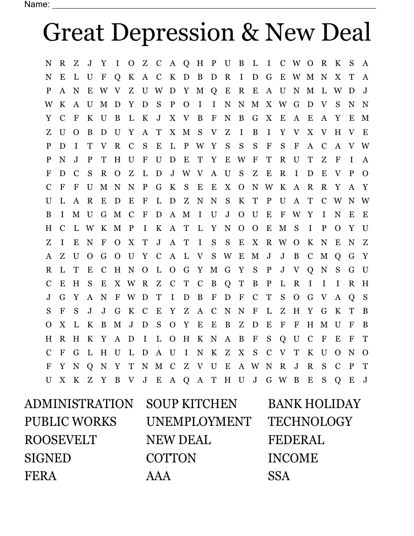Great Depression & New Deal Word Search