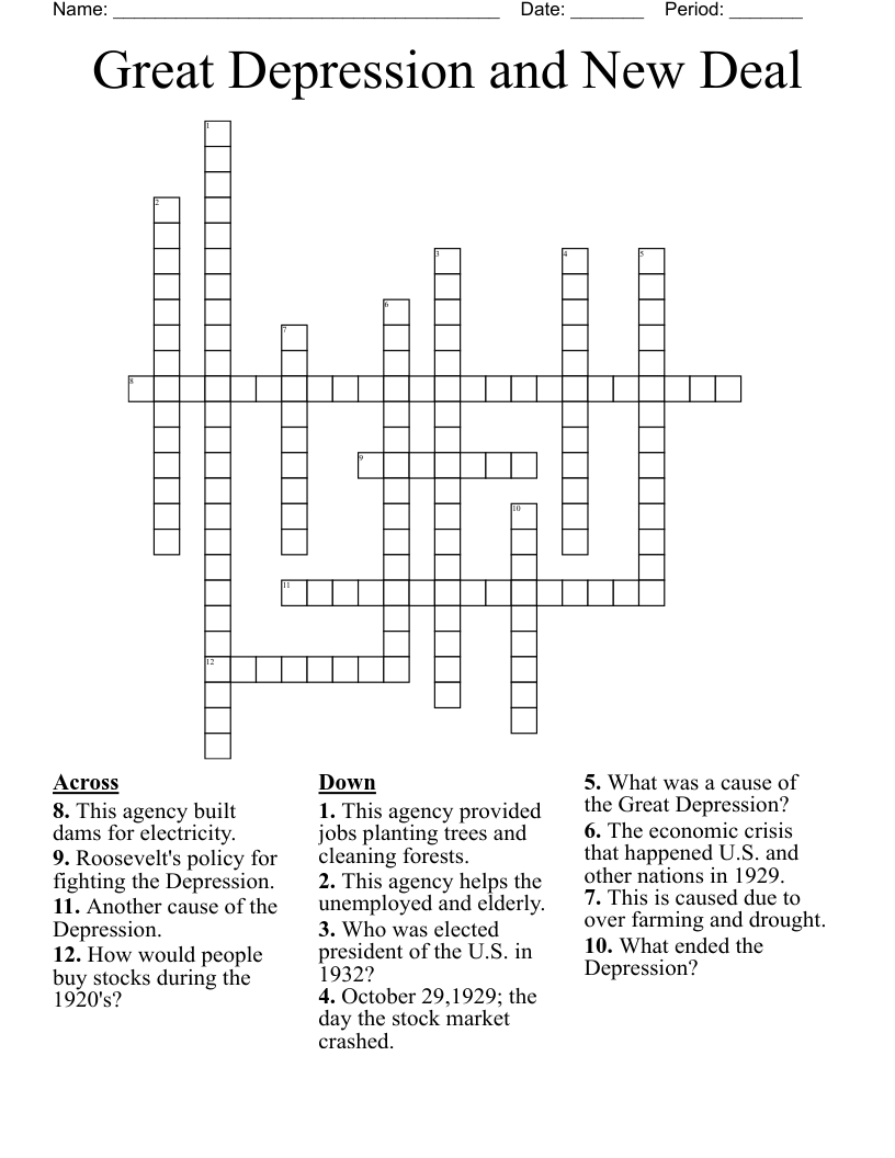 Great Depression and New Deal Crossword