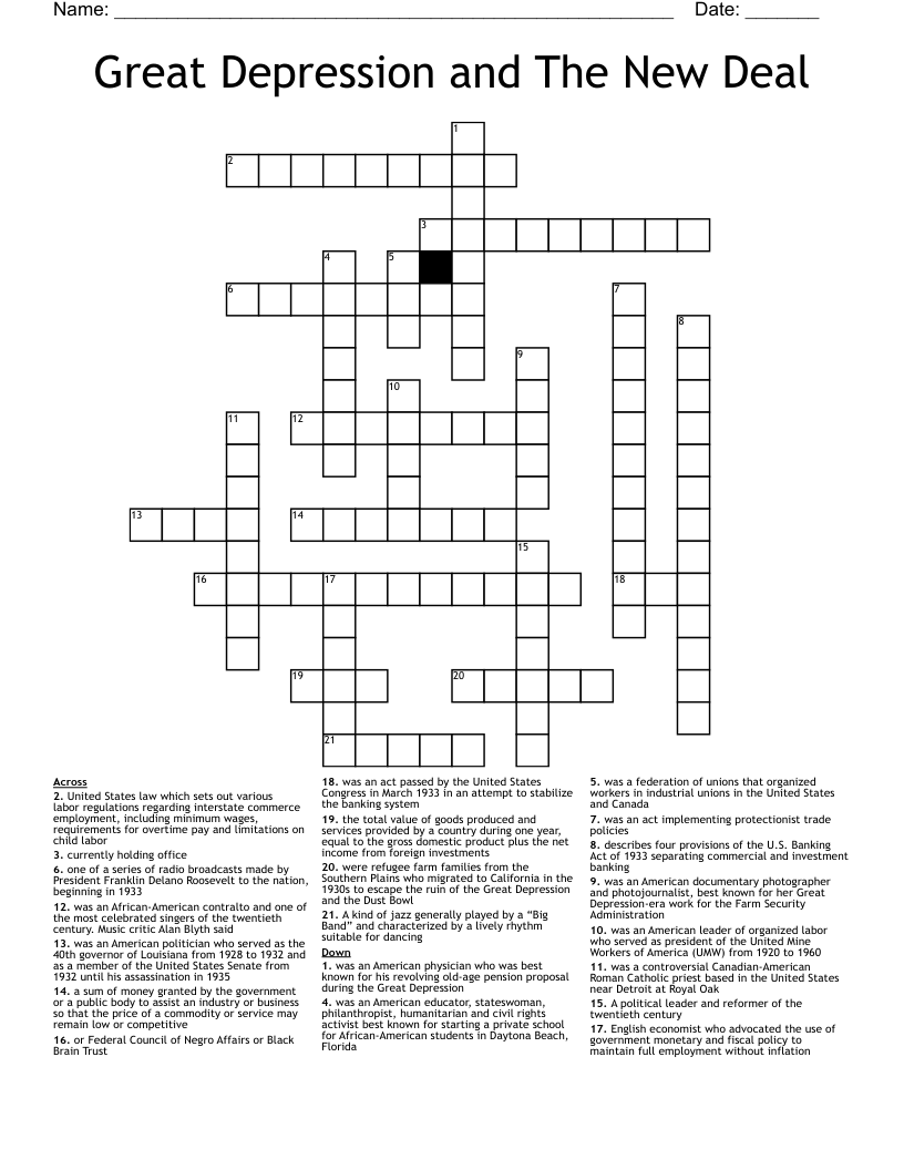 Great Depression and The New Deal Crossword