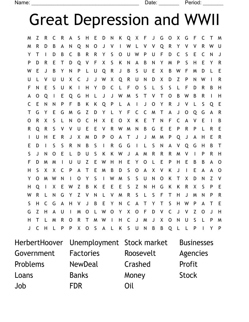 Great Depression and WWII Word Search
