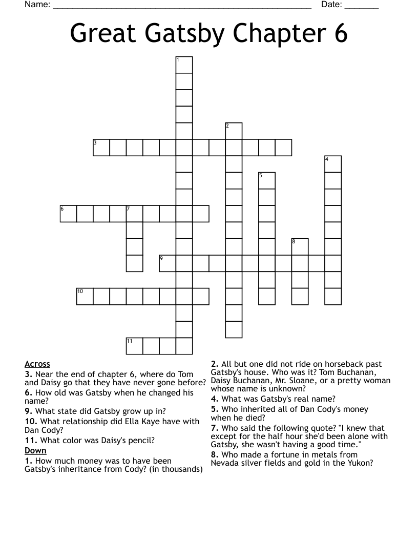 Great Gatsby Chapter 6 Crossword