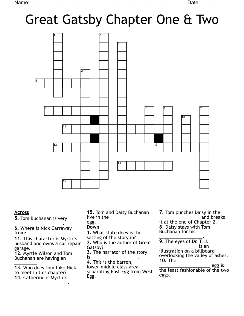 Great Gatsby Chapter One & Two Crossword