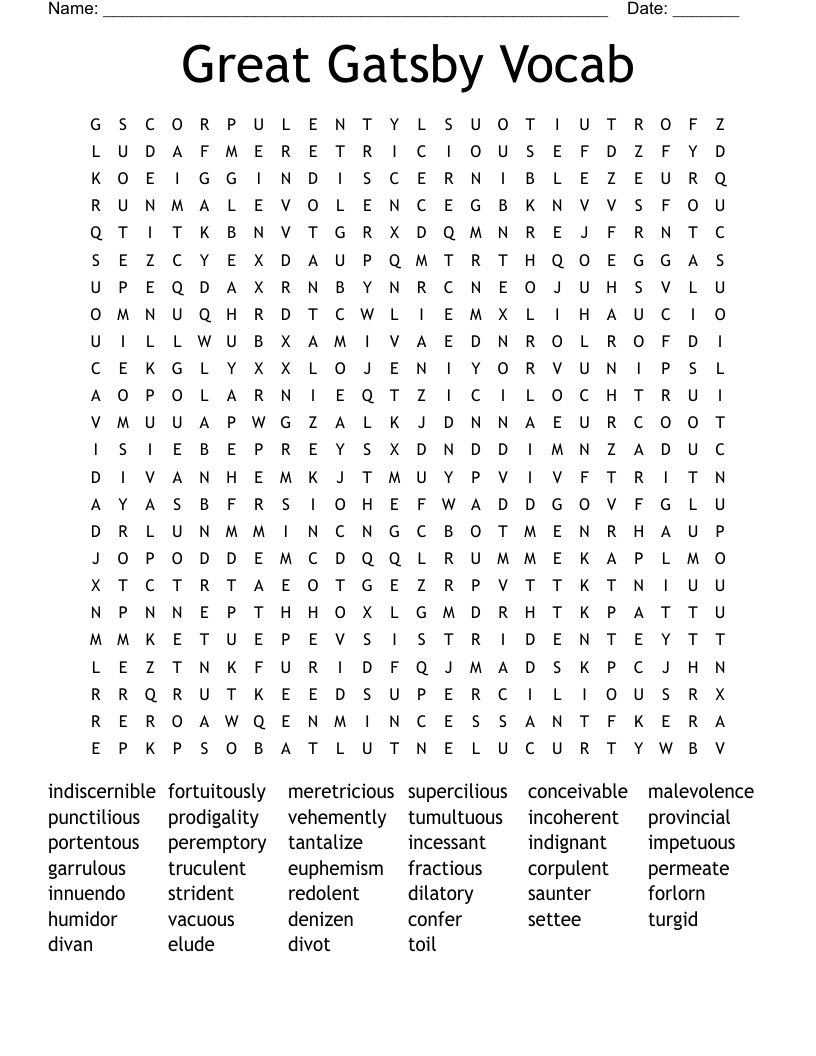 Great Gatsby Vocab Word Search