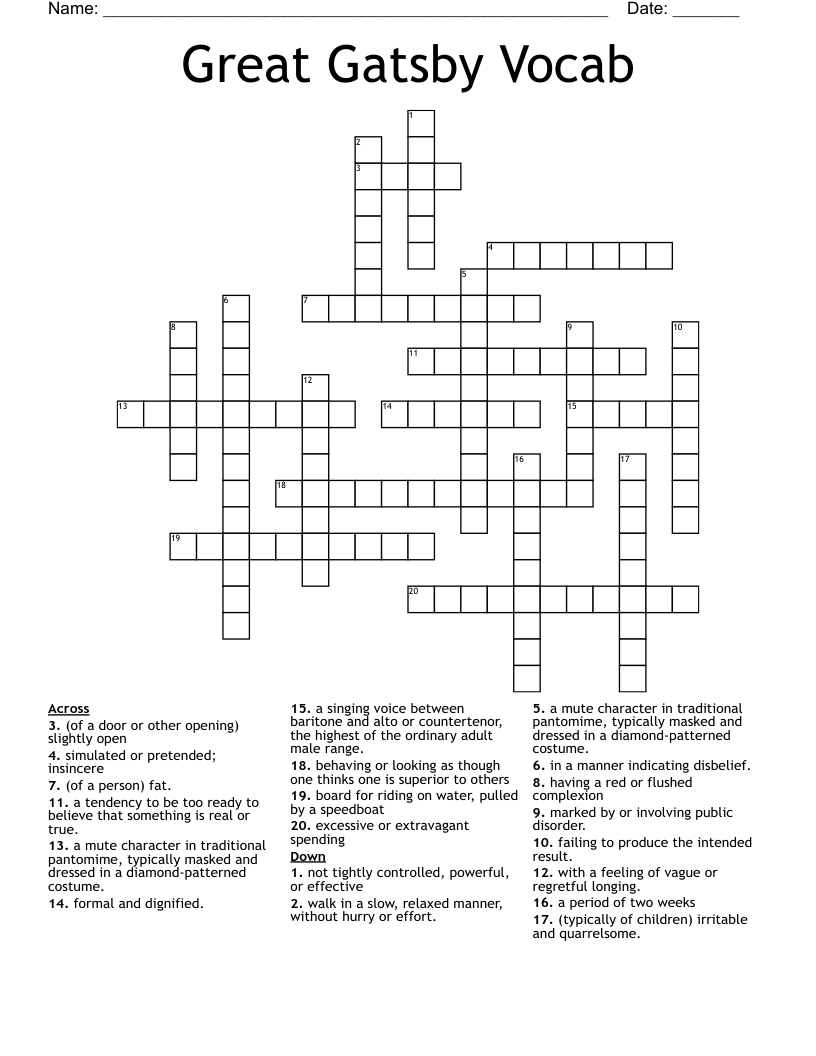 Great Gatsby Vocab Crossword