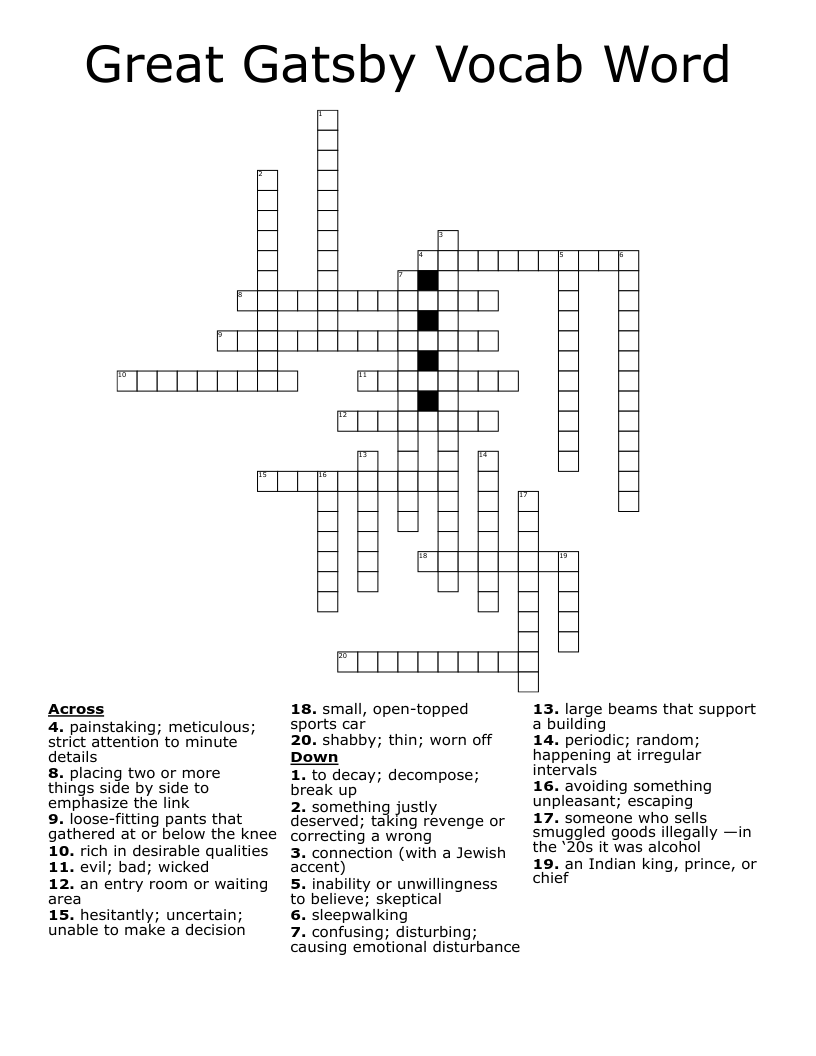 Great Gatsby Vocab Word Crossword