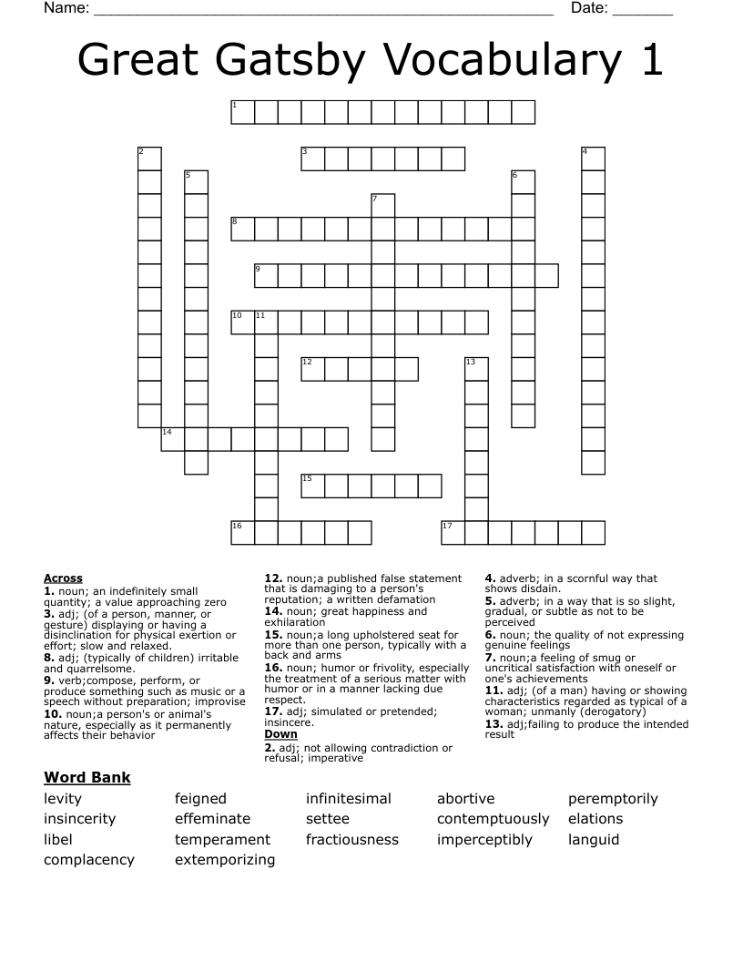 Great Gatsby Vocabulary 1 Crossword