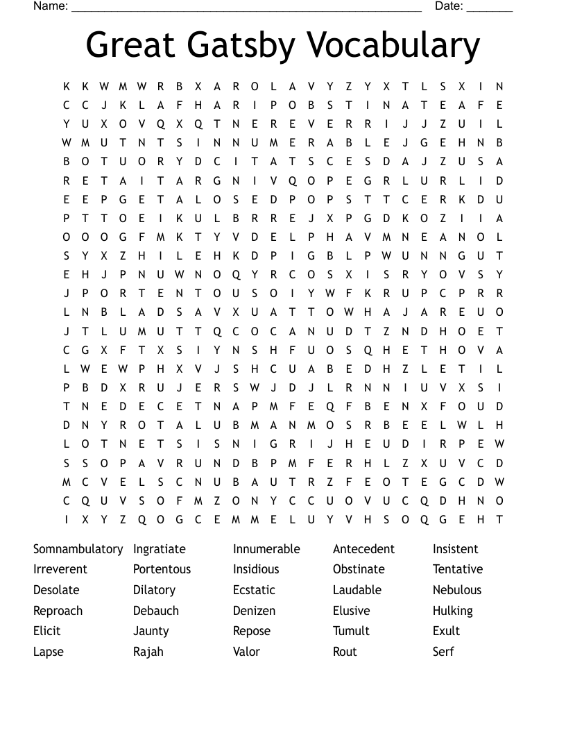 Great Gatsby Vocabulary Word Search