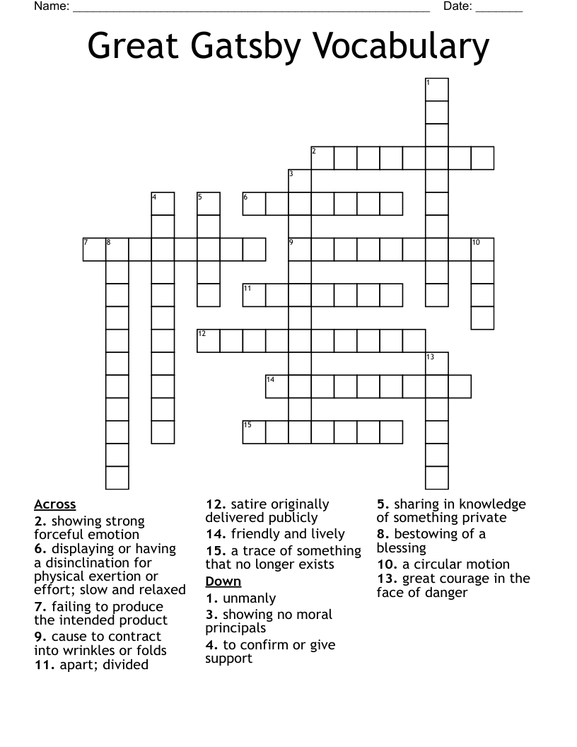 Great Gatsby Vocabulary Crossword