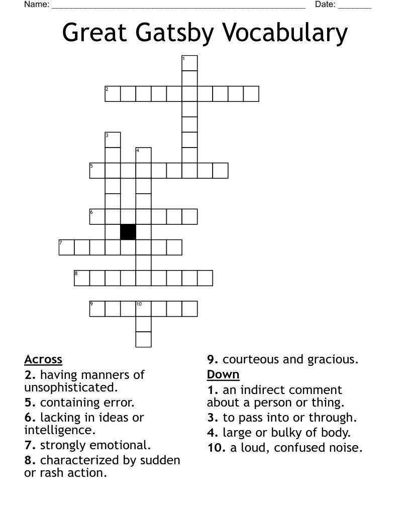 Great Gatsby Vocabulary Crossword