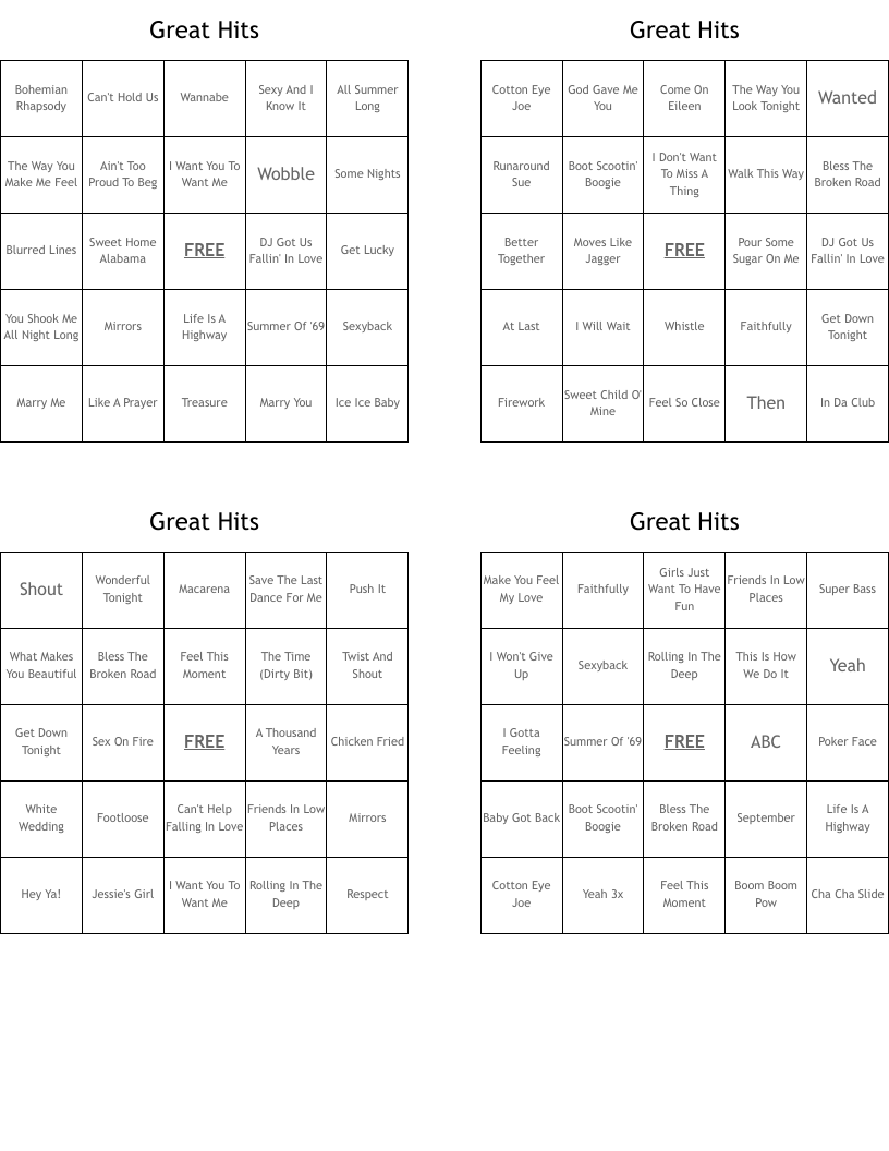 Great Hits  Bingo Cards