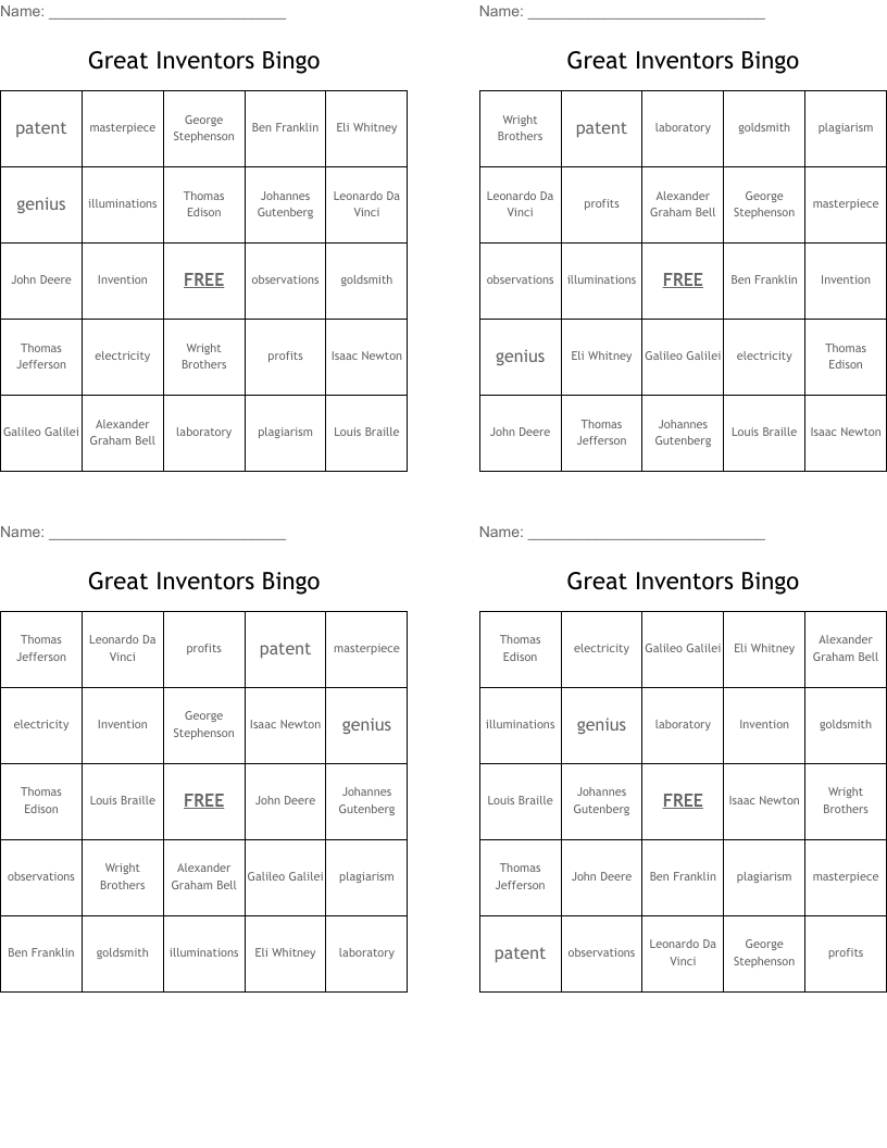Great Inventors Bingo