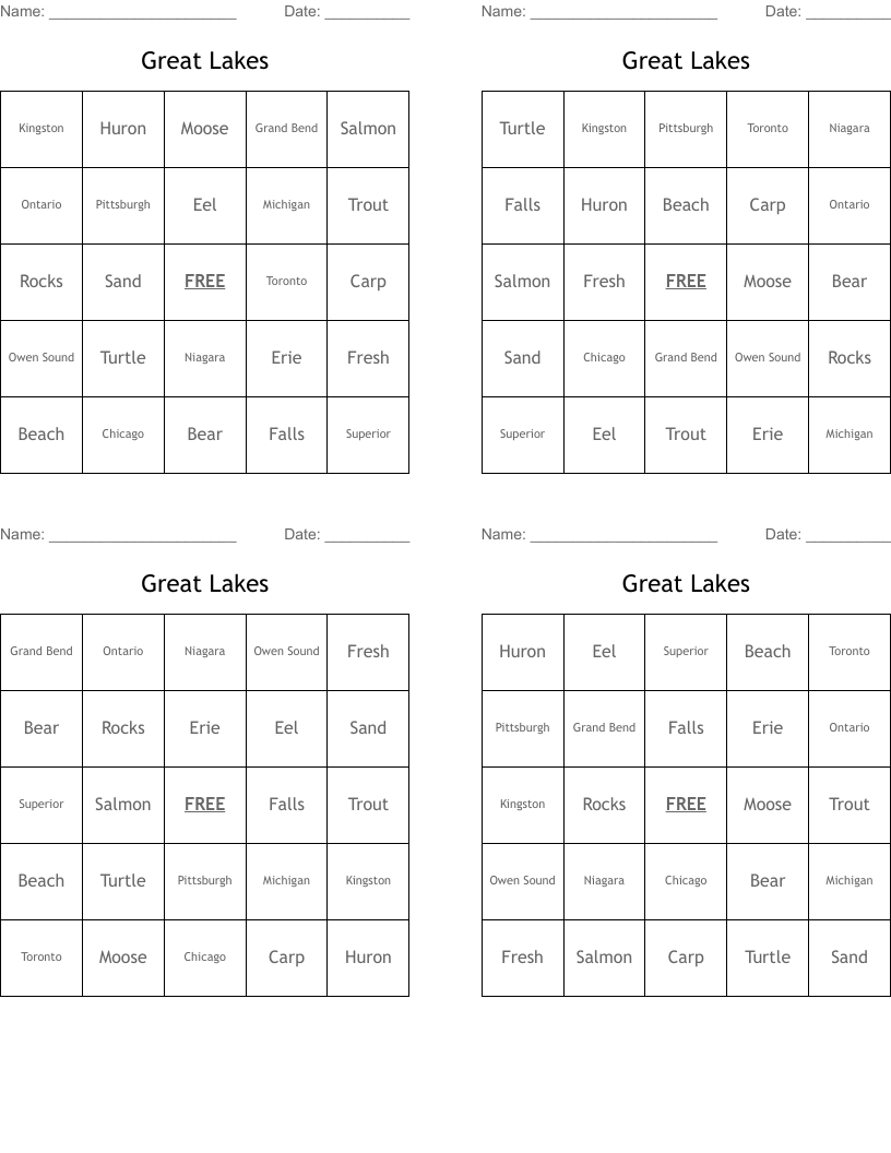 Great Lakes Bingo Cards