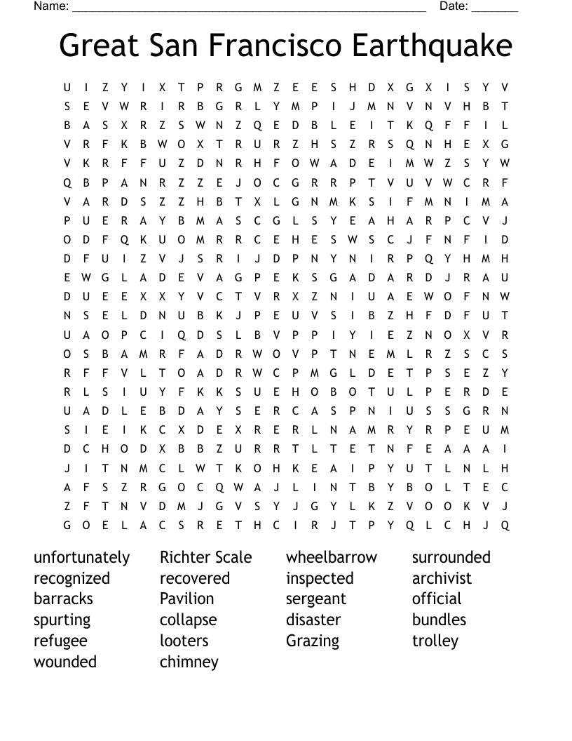 Great San Francisco Earthquake Word Search