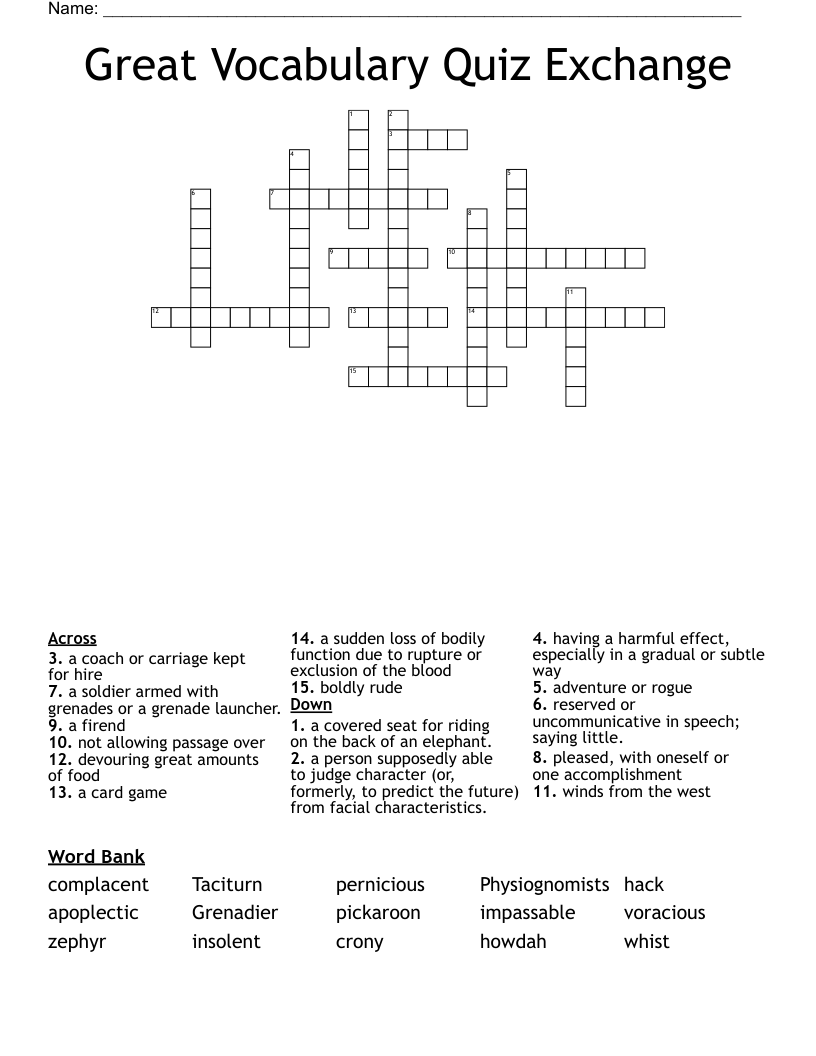 Great Vocabulary Quiz Exchange Crossword