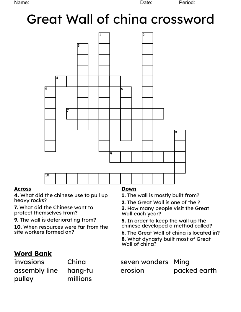 Great Wall of china crossword 