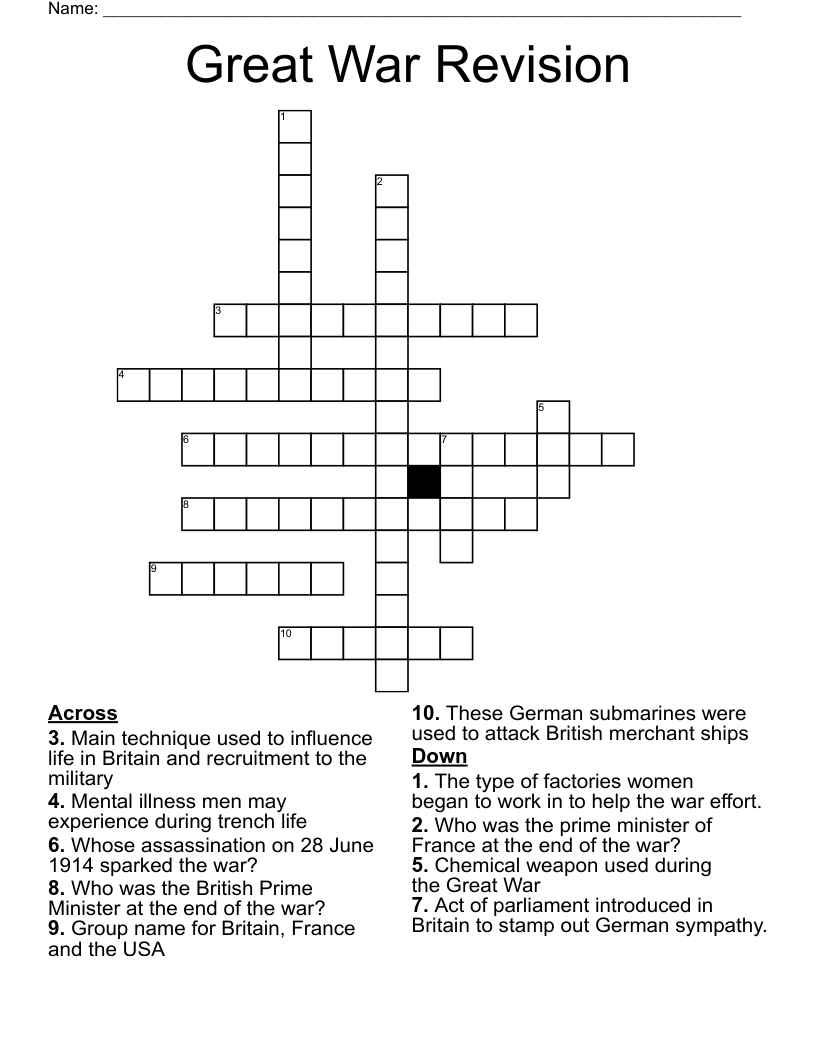 Great War Revision  Crossword