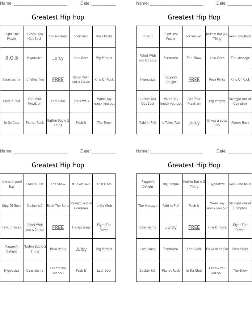 Greatest Hip Hop Bingo Cards