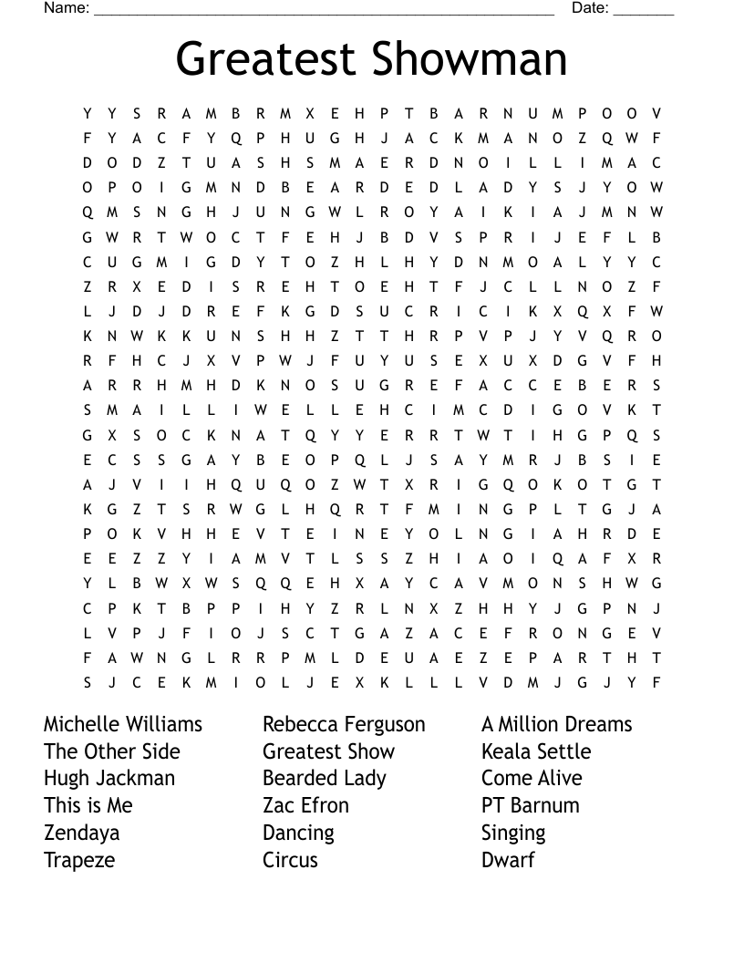 Greatest Showman Word Search