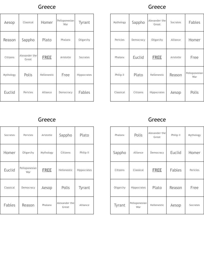 Greece Bingo Cards