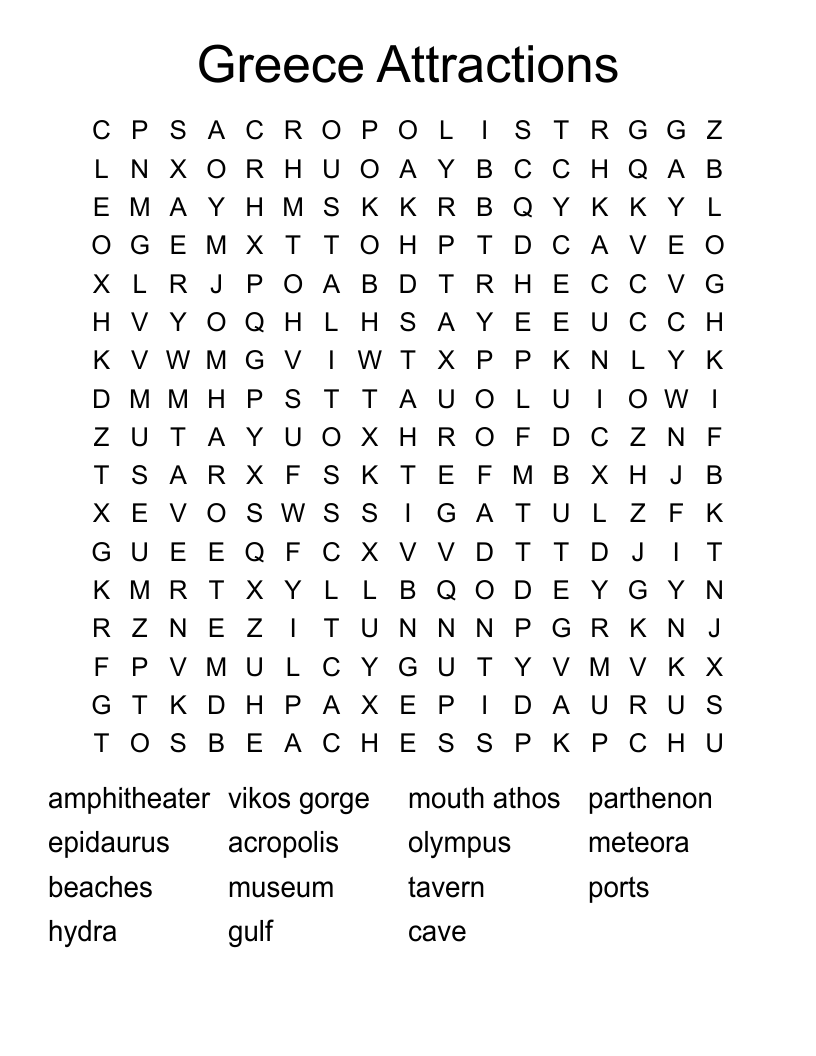 Greece Attractions Word Search