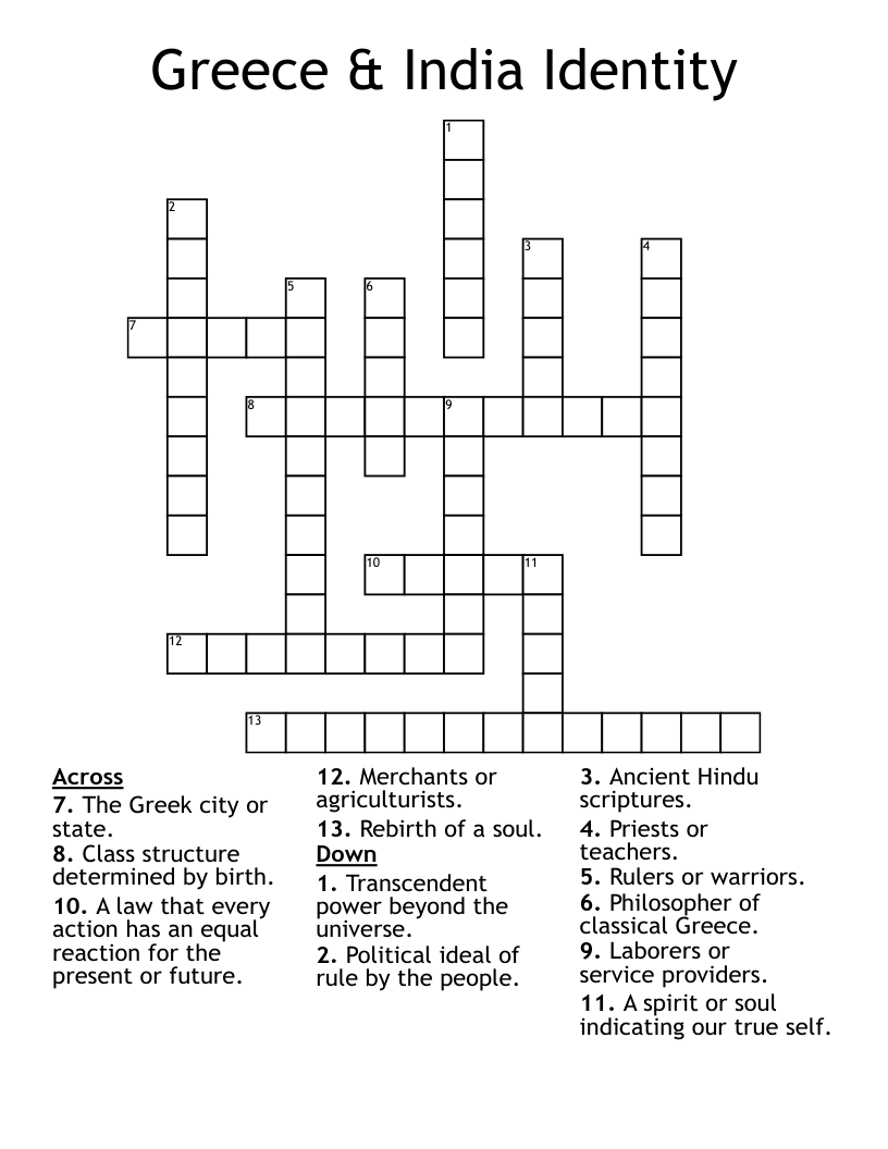 Greece & India Identity Crossword