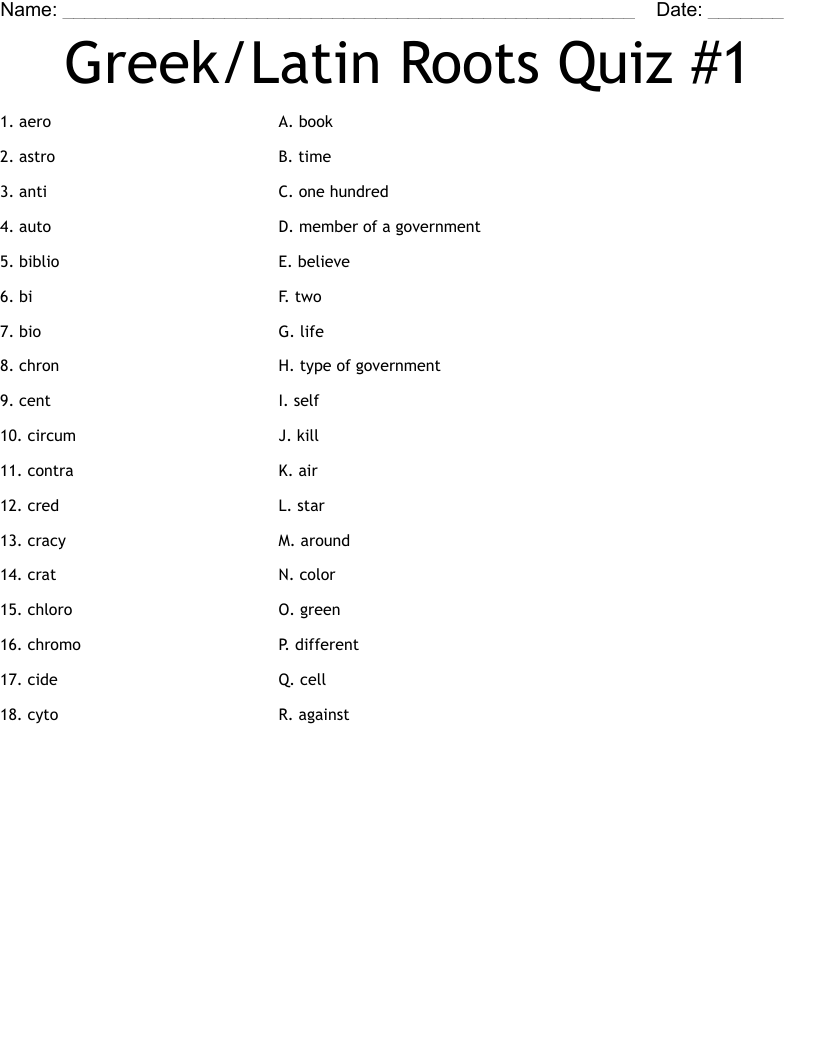 Greek/Latin Roots Quiz #1 Worksheet