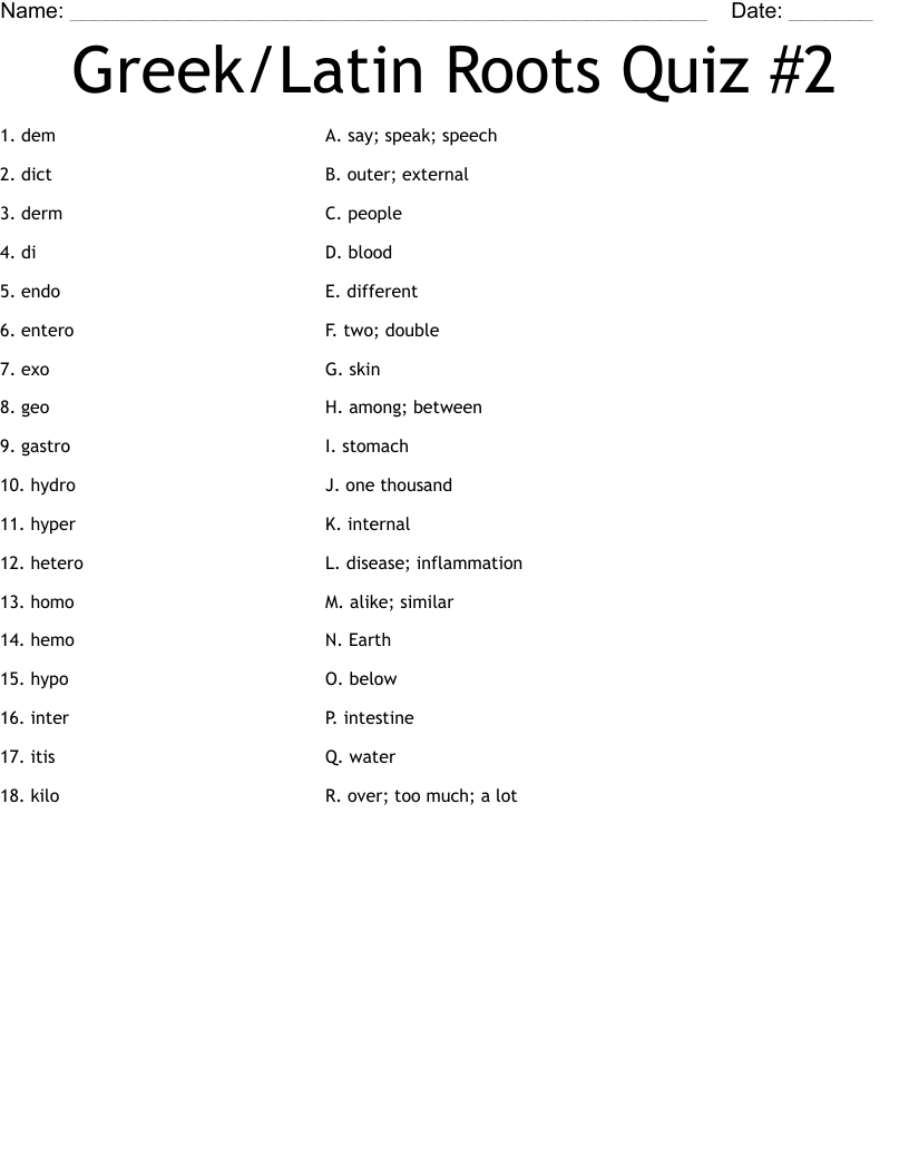 Greek/Latin Roots Quiz #2 Worksheet