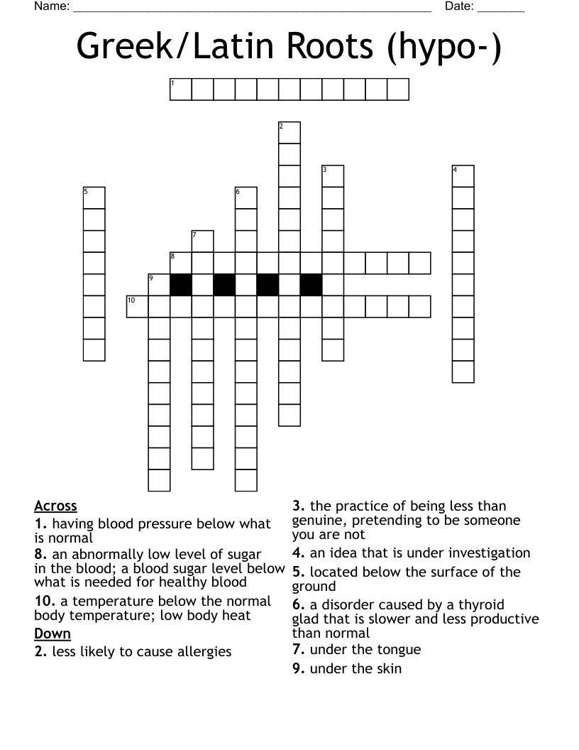 Greek/Latin Roots (hypo-) Crossword