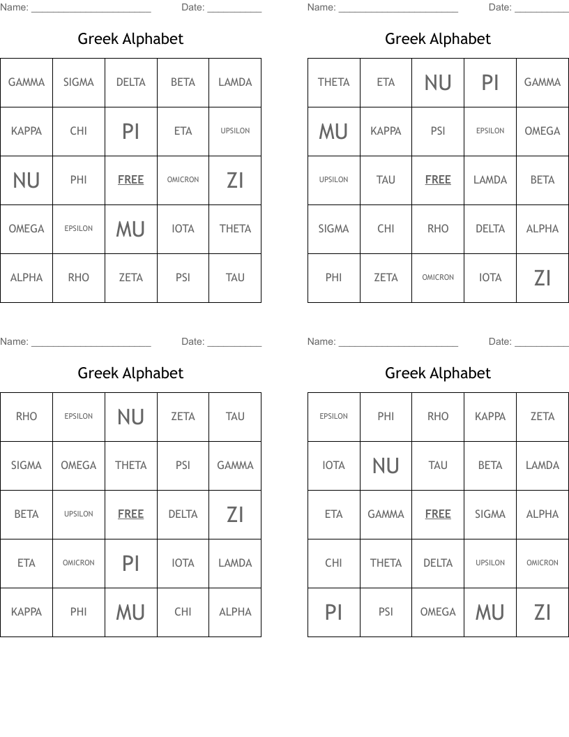 Greek Alphabet Bingo Cards