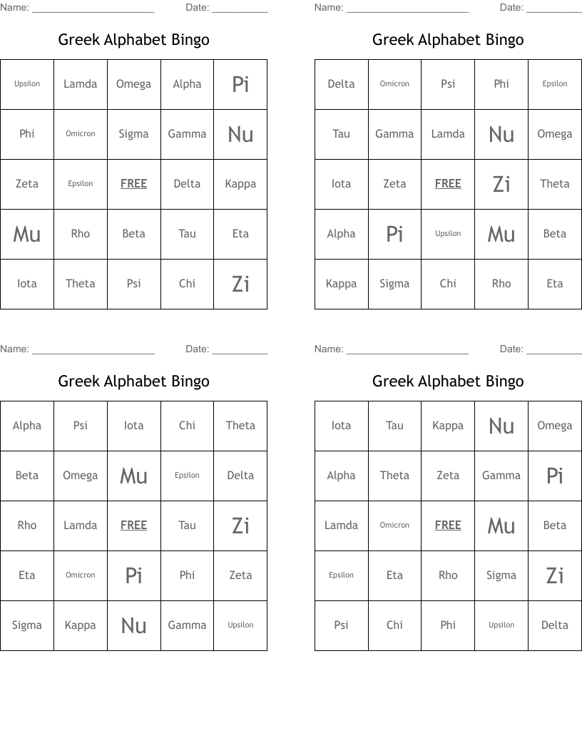 Greek Alphabet Bingo