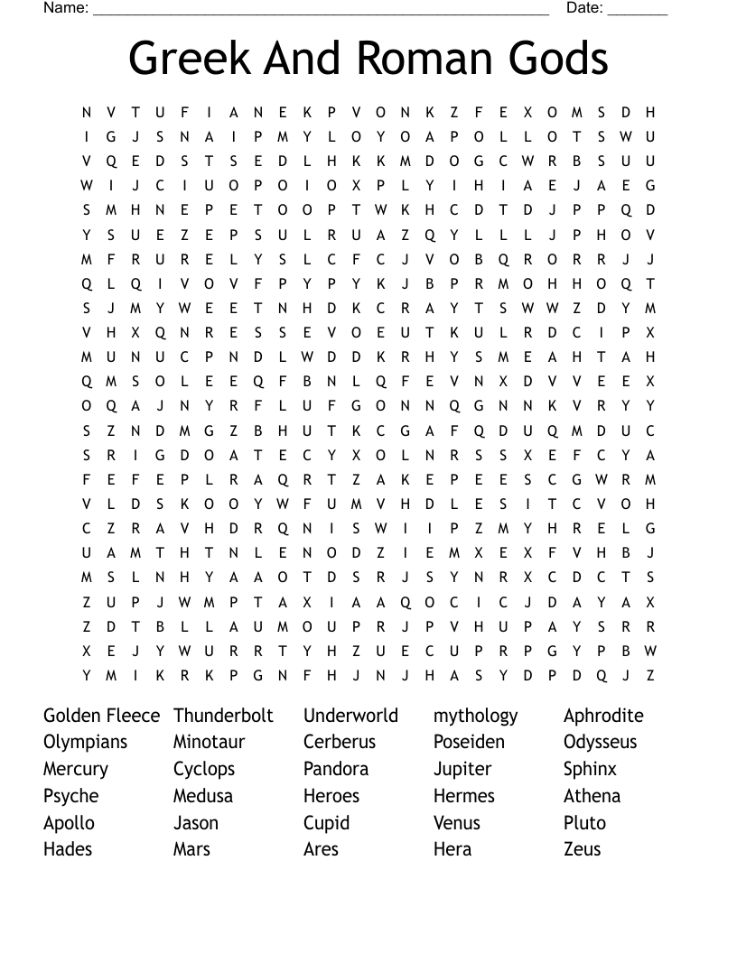 Greek And Roman Gods Word Search