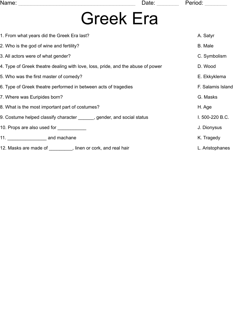 Greek Era Worksheet