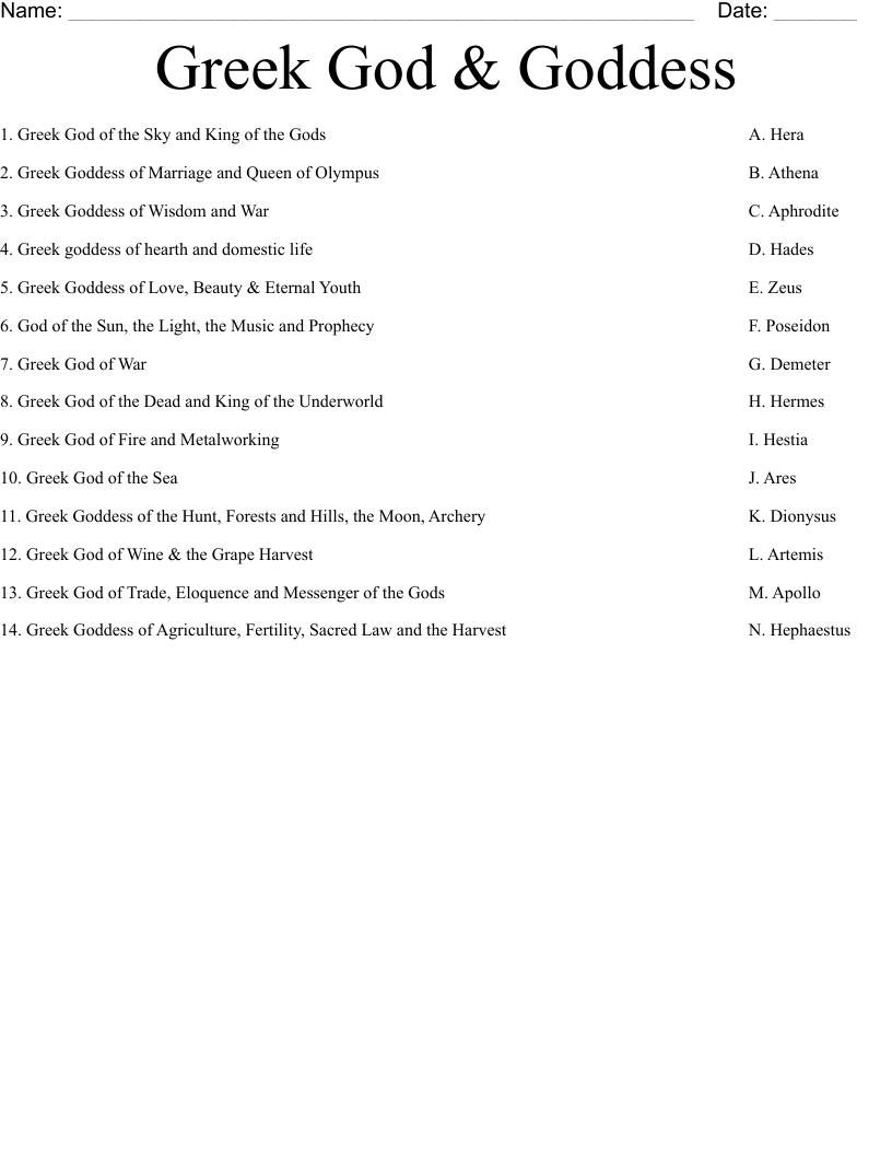 Greek God & Goddess  Worksheet