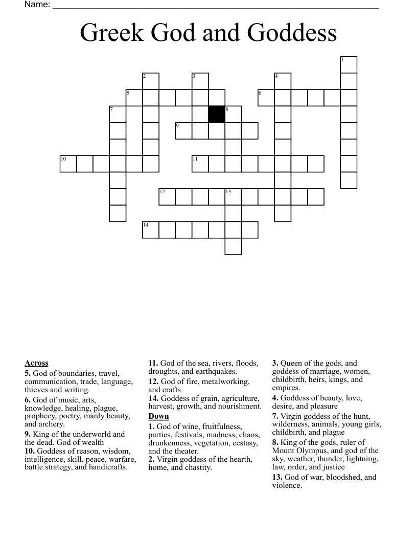 Greek God and Goddess Crossword