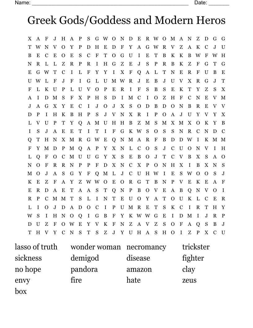 Greek Gods/Goddess and Modern Heros  Word Search