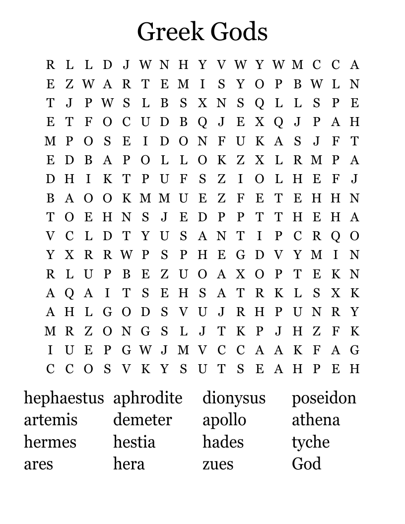 Greek Gods Word Search