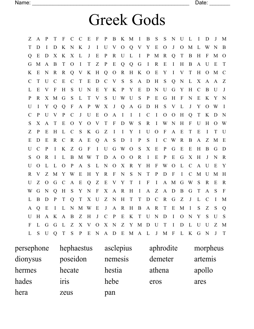 Greek Gods Word Search