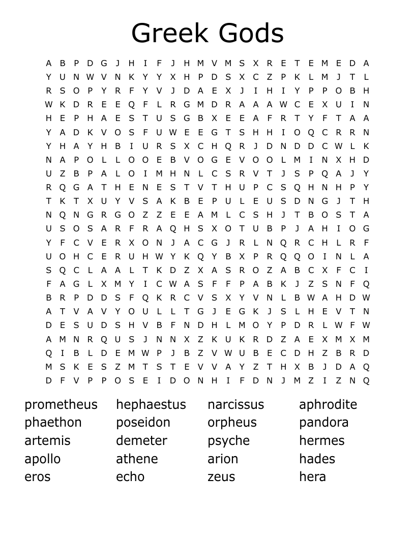 Greek Gods Word Search